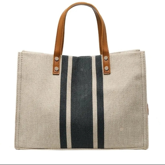 Black and Tan Striped Canvas Tote - Picture 1 of 3